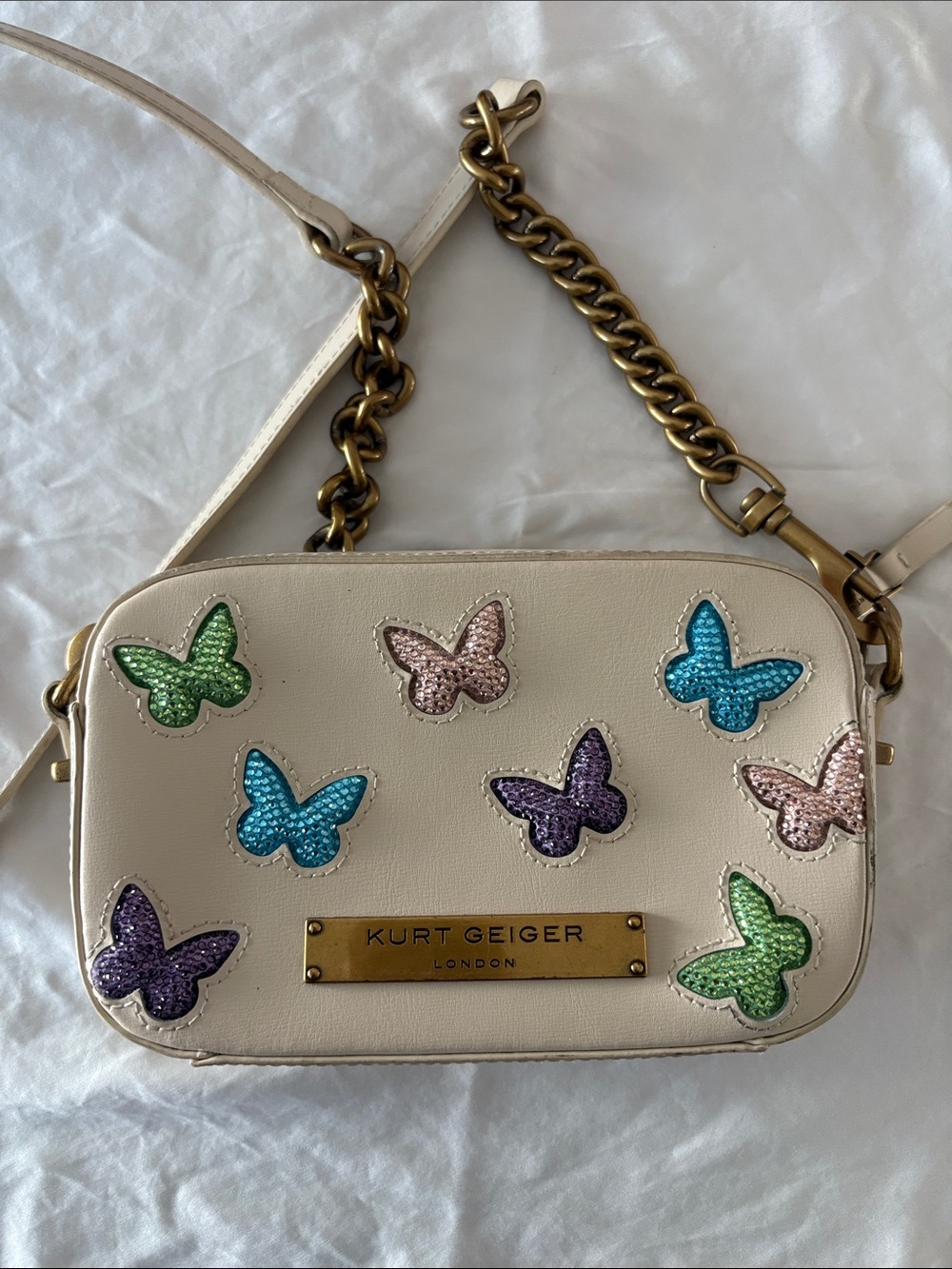 Kurt Geiger London Cream Leather Crossbody with Multicolor Sequin Butterflies